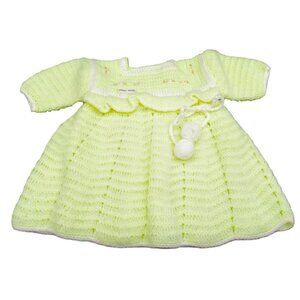 Hand Knit Baby Doll Dress With Pom-Poms & Ruffled Trim